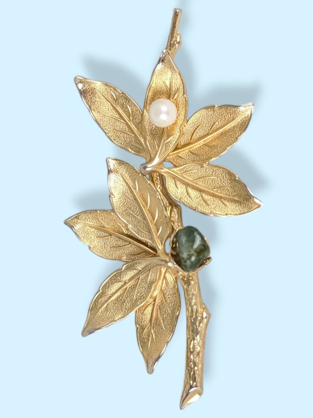 Vintage Mid-Century Nephrite Nugget Botanical Branch Brooch